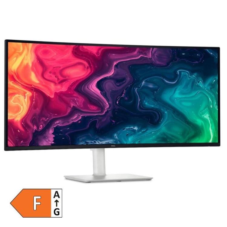 Dell S3425DW, 34" ukrivljen WQHD monitor, ultra‑wide zaslon, tanek okvir, elegantna bela izvedba.