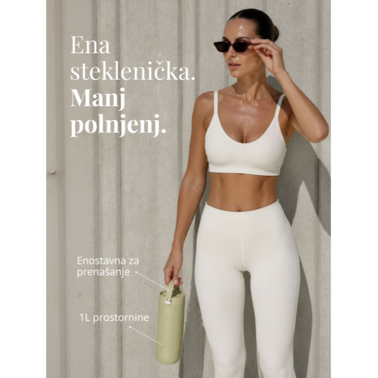 Steklenička Equa iz nerjavečega jekla 1 L v olivno zeleni barvi z ročajem za prenašanje in slamico
