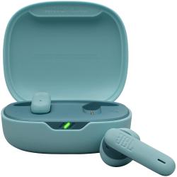 Modre JBL Wave Flex 2 slušalke v odprtem etuiju z LED indikatorjem in mat zaključkom.