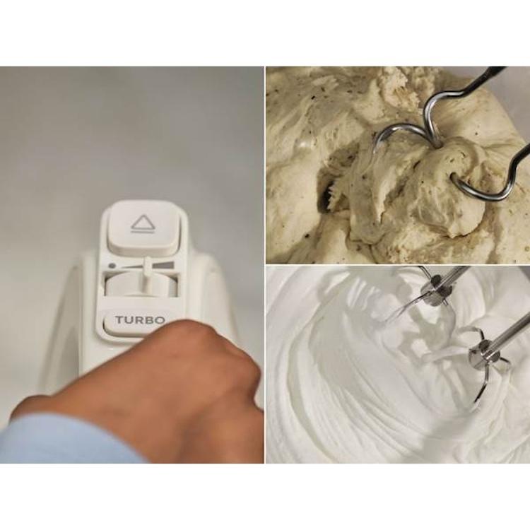 Prikaz upravljanja Electrolux ročnega mešalnika EHM4W z gumbom za izmet nastavkov, funkcijo Turbo ter primeroma mešanja testa in stepanja beljakov za različne kuhinjske naloge