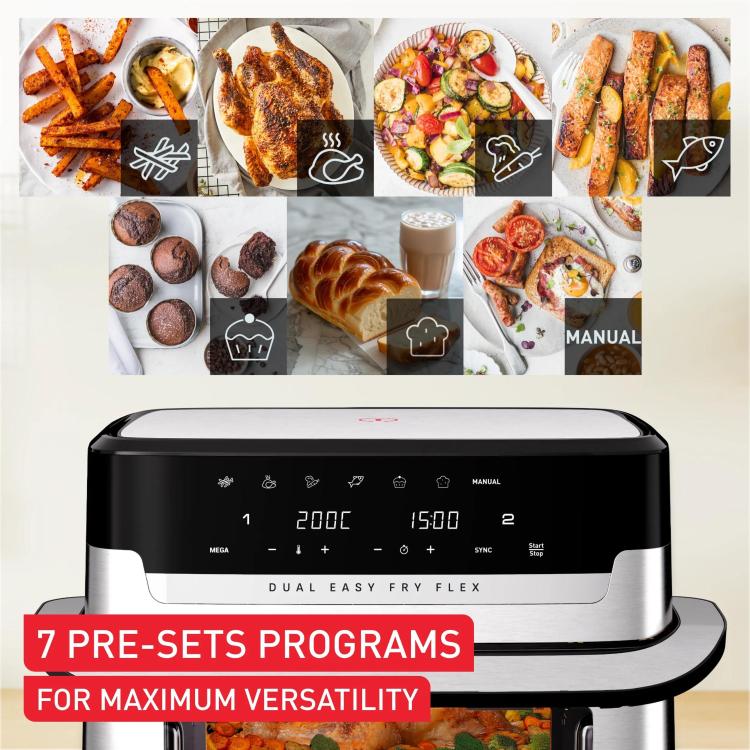 Grafika Tefal cvrtnika s prikazom različnih jedi in 7 prednastavljenih programov za vsestransko uporabo