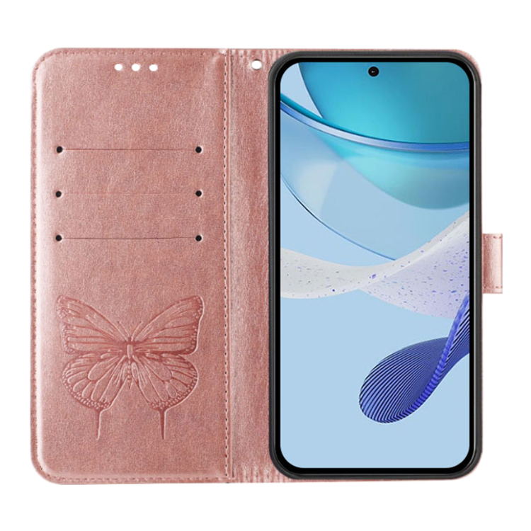 Roza-zlata preklopna torbica WLGO Butterfly za Samsung Galaxy S26 FE z režami za kartice, reliefnim motivom metulja in funkcijo denarnice.