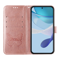 Roza-zlata preklopna torbica WLGO Butterfly za Samsung Galaxy S26 FE z režami za kartice, reliefnim motivom metulja in funkcijo denarnice.