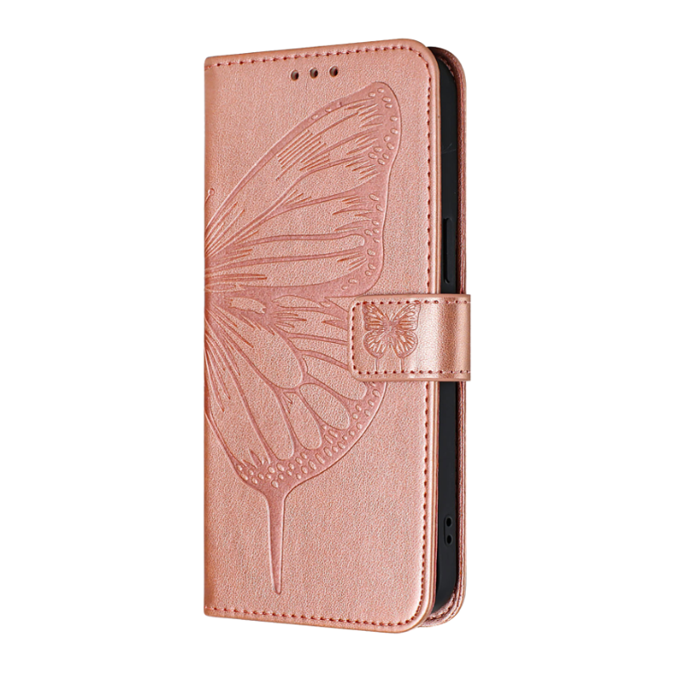 Roza-zlata preklopna torbica WLGO Butterfly za Samsung Galaxy S26 FE z reliefnim motivom metulja, magnetnim zapiranjem in elegantnim videzom.