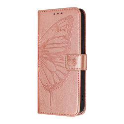 Roza-zlata preklopna torbica WLGO Butterfly za Samsung Galaxy S26 FE z reliefnim motivom metulja, magnetnim zapiranjem in elegantnim videzom.