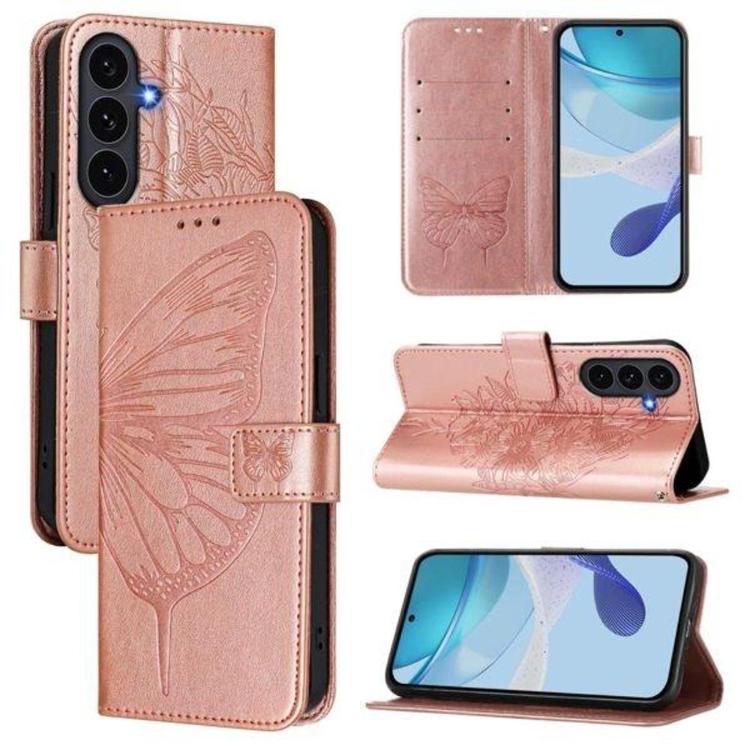 Roza-zlata preklopna torbica WLGO Butterfly za Samsung Galaxy S26 FE z režami za kartice, reliefnim motivom metulja in funkcijo denarnice.