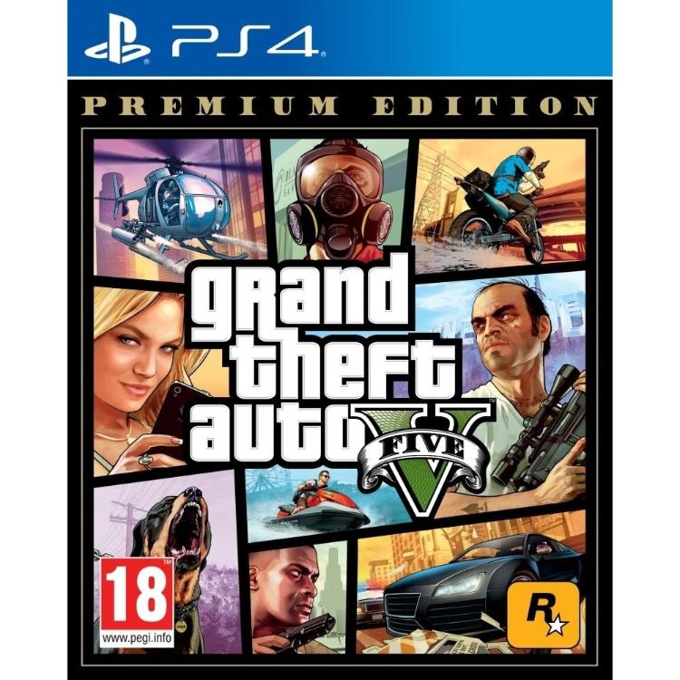 Copilot said: Grand Theft Auto V Premium Edition PS4: naslovnica igre z več prizori vozil, helikopterja, motorja, psa in likov, Rockstar Games.