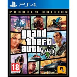 Copilot said: Grand Theft Auto V Premium Edition PS4: naslovnica igre z več prizori vozil, helikopterja, motorja, psa in likov, Rockstar Games.