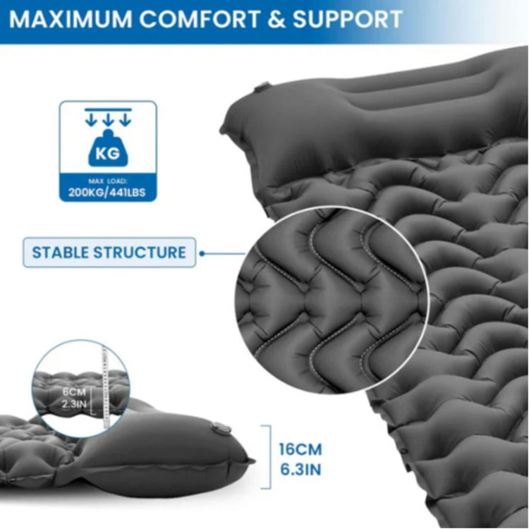 Napihljiva kamping blazina KingCamp z visoko nosilnostjo 200 kg, stabilna struktura in debelina 16 cm.