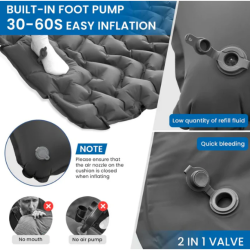 Vgrajena nožna črpalka in 2‑v‑1 ventil napihljive kamping blazine KingCamp za hitro napihovanje in praznjenje.