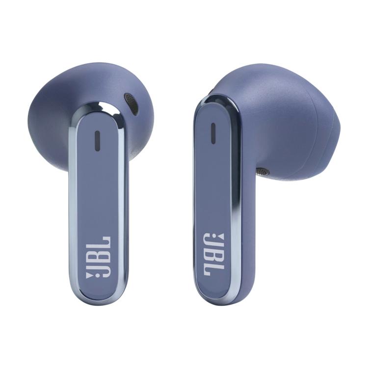 JBL Live Flex – pogled od spredaj na levo in desno brezžično slušalko z dolgim steblom in logotipom JBL.
