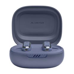 Copilot said: JBL Live Flex – odprt polnilni etui z dvema brezžičnima slušalkama v modri barvi, LED prikaz stanja baterije.