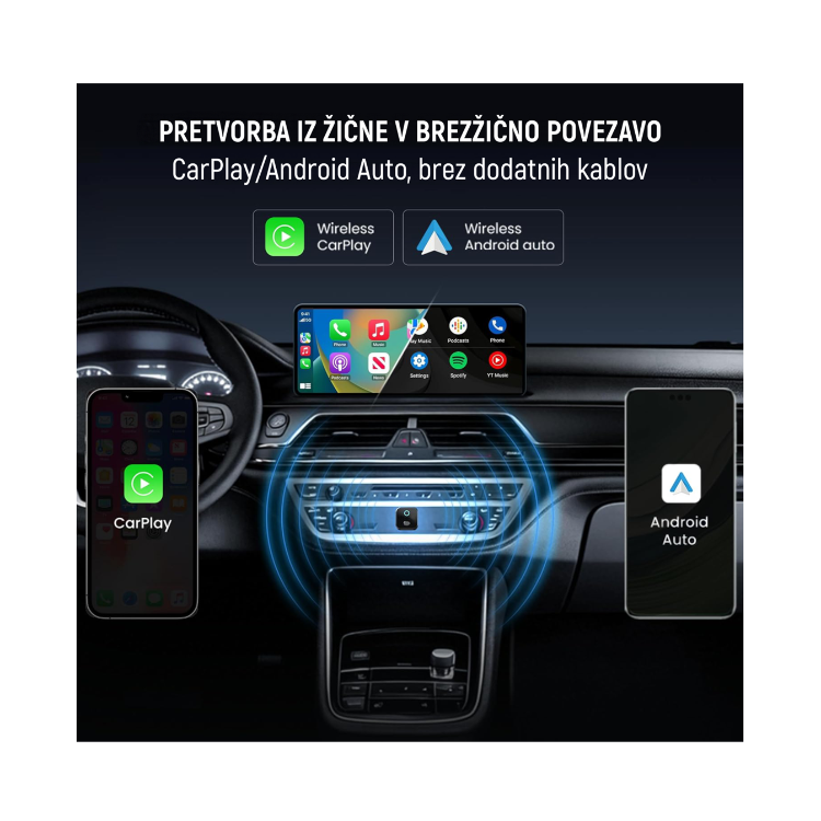 Pretvorba v brezžični CarPlay/Android Auto brez kablov; univerzalni USB‑A avto adapter.