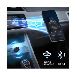 Brezžični prenos glasbe iz telefona v avto, Wi‑Fi 6 (2.4/5 GHz) in BT 5.4; univerzalni USB‑A adapter.