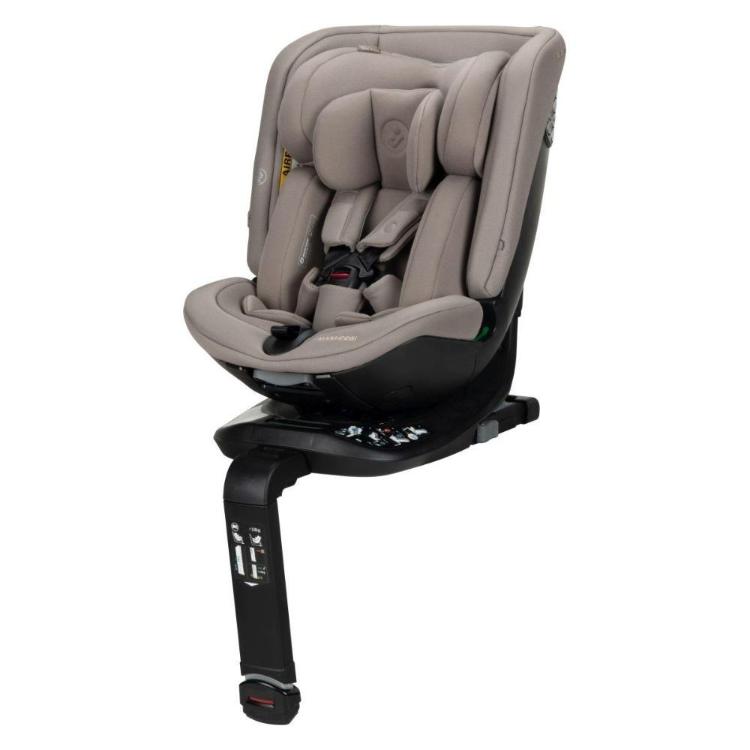 Avtosedež Maxi‑Cosi Spinel 360 Plus 40–150 cm v barvi truffle, pogled pod kotom z vidnim ISOFIX podnožjem in oporno nogo