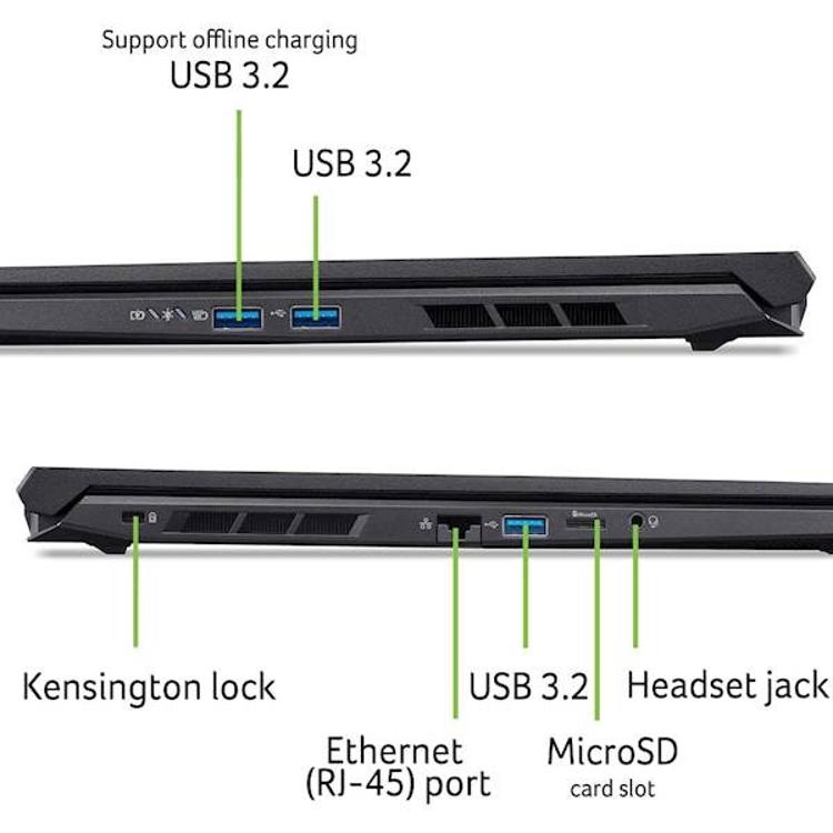 Stranski pogled Acer Nitro z jasno označenimi priključki: USB 3.2, Ethernet RJ‑45, microSD, avdio in Kensington.
