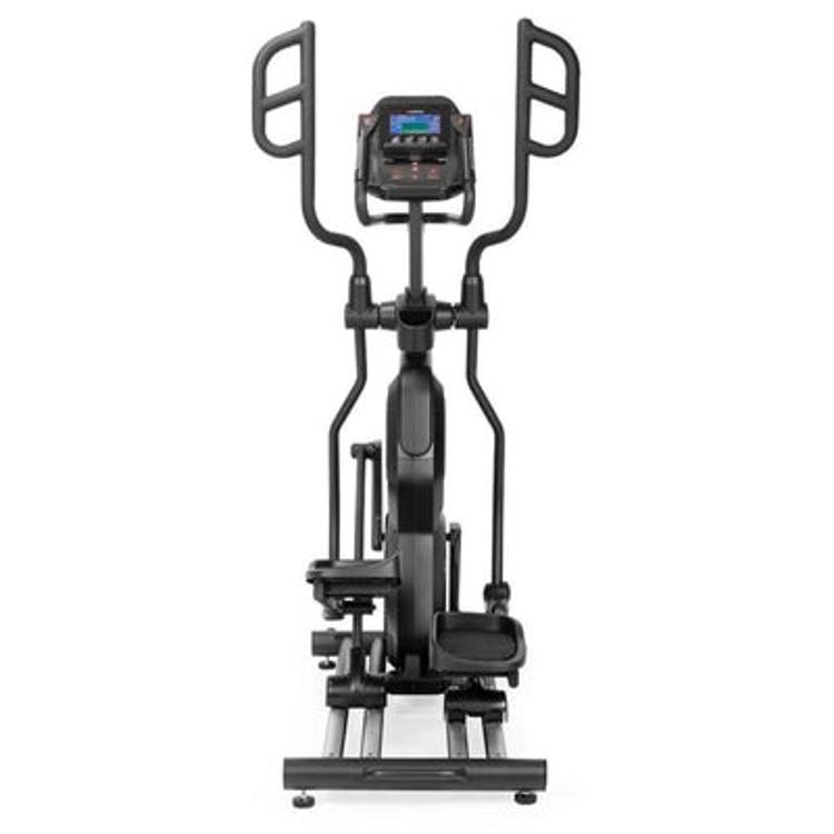 Gymstick GX9.0 Crosstrainer s sprednjim pogledom, velikim zaslonom, premičnimi ročaji in širokimi stopalkami.