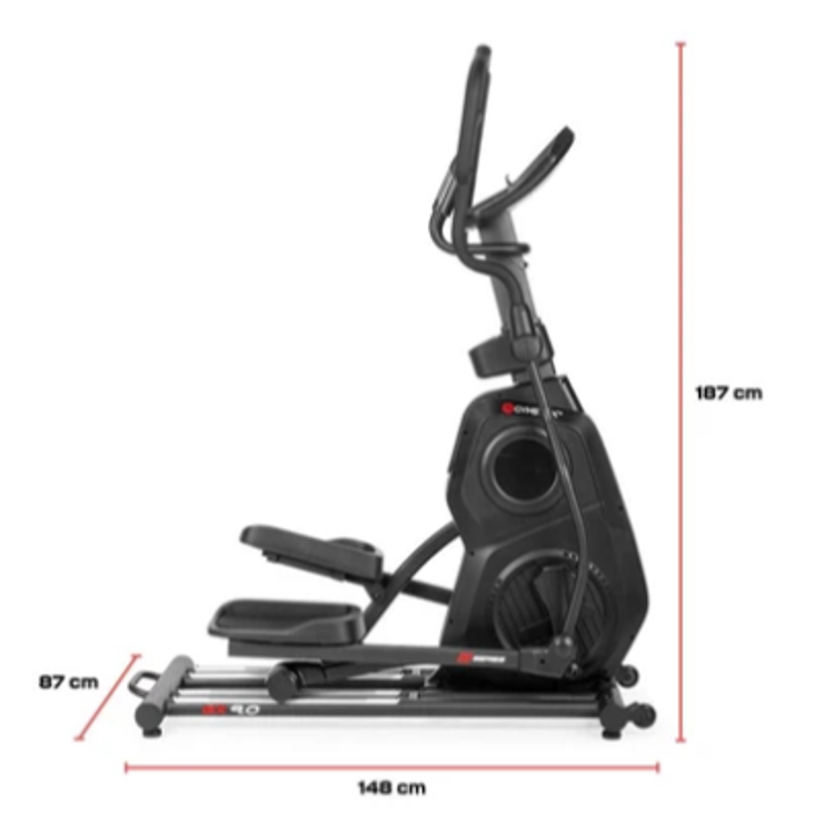Gymstick GX9.0 Crosstrainer s prikazanimi merami: 148 × 87 × 187 cm, stranski profil naprave.