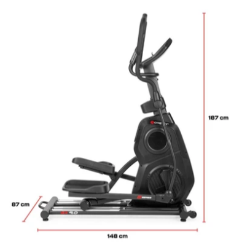 Gymstick GX9.0 Crosstrainer s prikazanimi merami: 148 × 87 × 187 cm, stranski profil naprave.