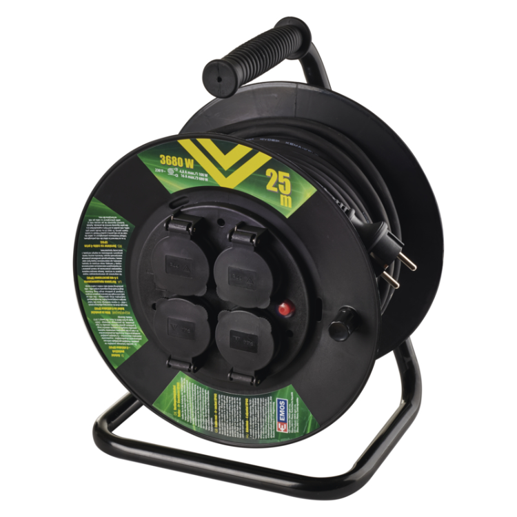 Zunanji kolutni podaljšek Emos 25 m / 4 vtičnice / črni / guma / 230 V / 1,5 mm2