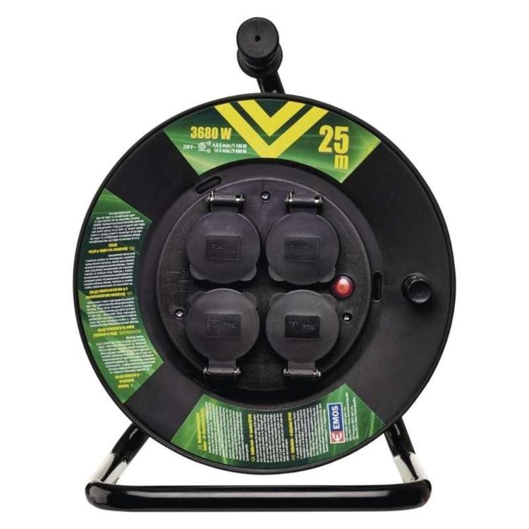 Zunanji kolutni podaljšek Emos 25 m / 4 vtičnice / črni / guma / 230 V / 1,5 mm2