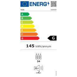 Energijska nalepka za Tesla RW092M z energijskim razredom G, letno porabo 145 kWh, kapaciteto 34 steklenic in glasnostjo 40 dB