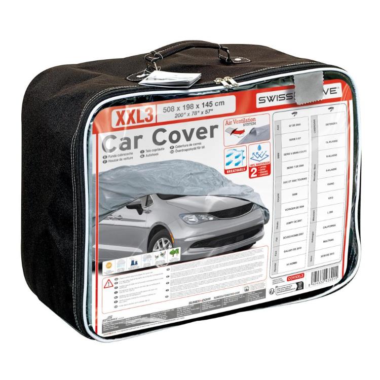 Torba XXL3 z embalažo “Car Cover”, z ročajem, zadrgo, informacijami in seznamom vozil.