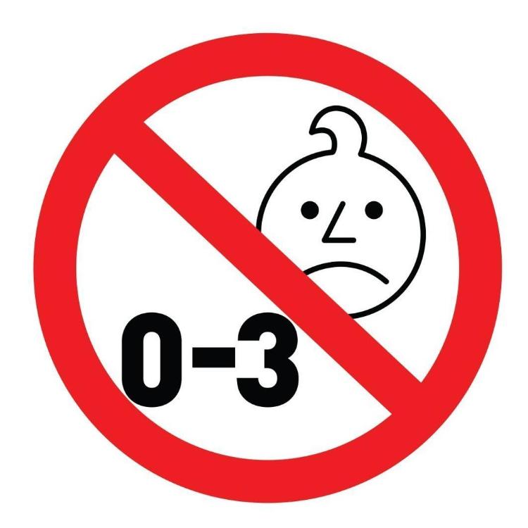 Opozorilni znak "0–3", ki označuje, da izdelek ni primeren za otroke, mlajše od 3 let.