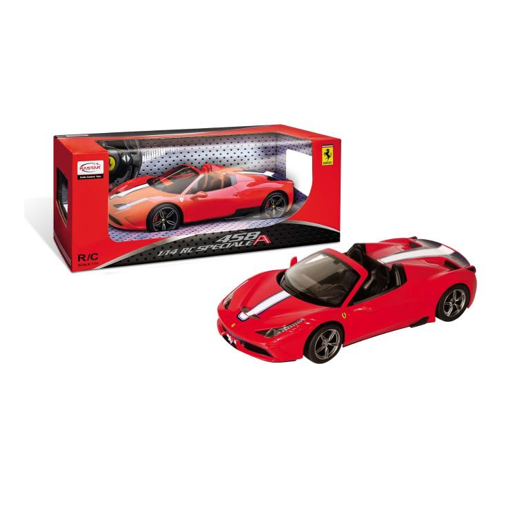 RC model Ferrari 458 Speciale A Spider v rdeči barvi, merilo 1:14, prikazan z originalno embalažo Rastar.