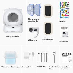 PETKIT Purobot Ultra samodejna mačja toaleta v beli barvi, prikazana z vso priloženo opremo, vključno z AI kamero, sitoma, polnilnima obročema, odstranjevalcem vonjav in napajalnikom.