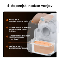 PETKIT Purobot Ultra samodejna mačja toaleta v beli barvi, prikazana s 4-stopenjskim sistemom nadzora vonjav in zatesnjeno posodo za odpadke.