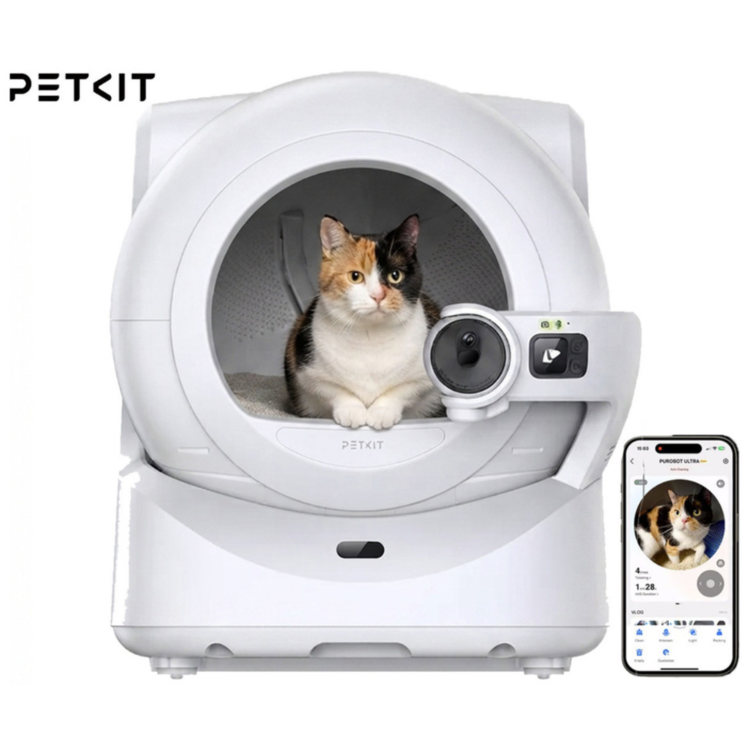 PETKIT Purobot Ultra samodejna mačja toaleta v beli barvi, prikazana s sprednje strani z mačko, vgrajeno AI kamero in povezavo z mobilno aplikacijo.