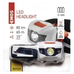 Naglavna LED svetilka Emos, 1 LED 1W+2LED, 3×AAA, 85 lm, 65m