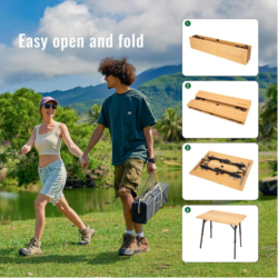 Enostavno zlaganje bambusne kamping mize, prikaz korakov nošenja in odpiranja na prostem.