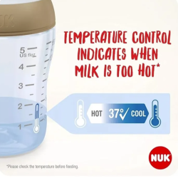 NUK steklenička s temperaturnim indikatorjem, prikazana z ilustracijo nadzora temperature mleka in označeno idealno temperaturo 37 °C.