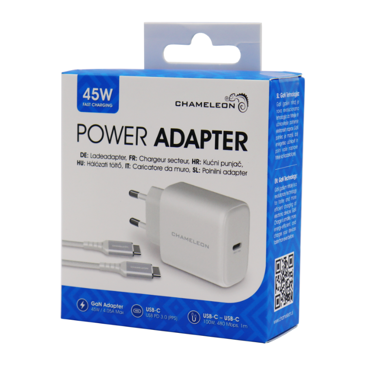 Embalaža hišnega polnilnika Chameleon 45 W GaN z USB‑C priključkom in priloženim USB‑C na USB‑C kablom.