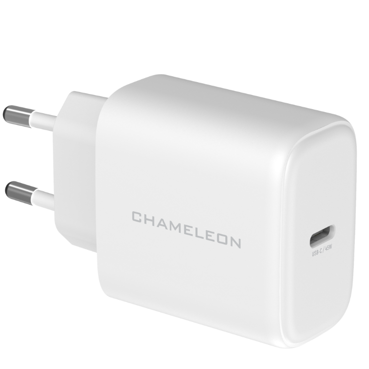 Bel hišni polnilec Chameleon PD 45W z USB‑C izhodom za hitro polnjenje mobilnih naprav, tablic in prenosnikov.