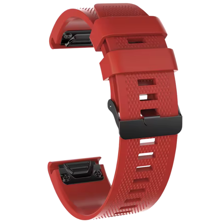 Rdeč silikonski pašček za Garmin (20mm) z nastavljivo dolžino, teksturirano površino in kovinsko zaponko zagotavlja udobno ter varno nošenje med športom in vsakodnevno uporabo.