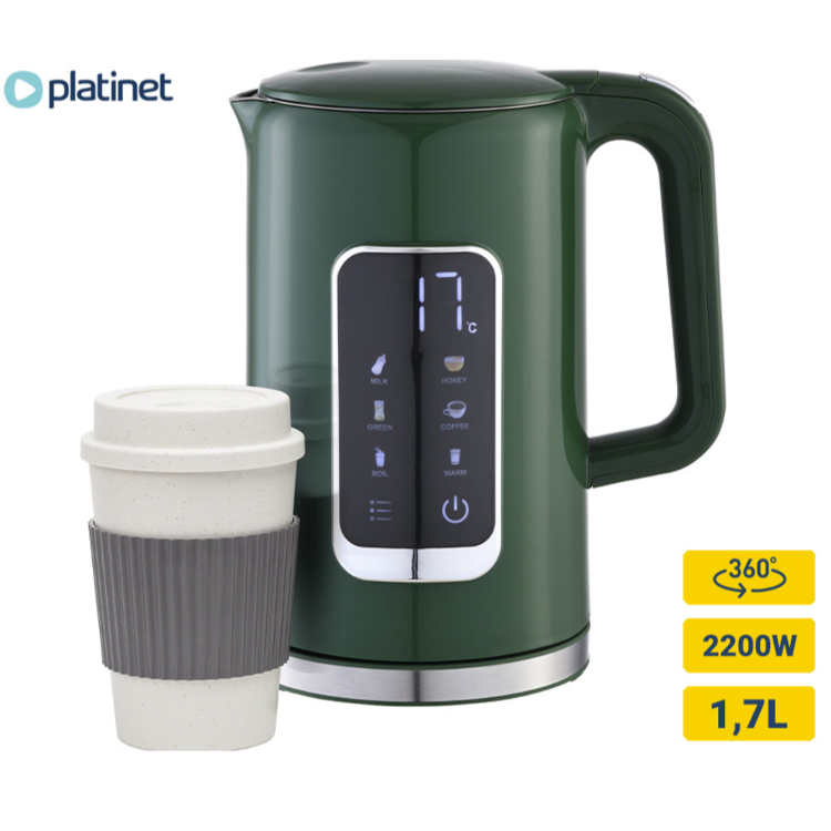 Platinet digitalni grelnik vode v zeleni barvi, prikazan z digitalnim zaslonom, prostornino 1,7 L, močjo 2200 W in 360° vrtljivim podstavkom.