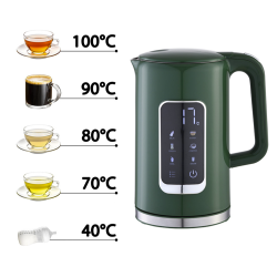 Platinet digitalni grelnik vode v zeleni barvi, prikazan z nastavljivimi temperaturami 40 °C, 70 °C, 80 °C, 90 °C in 100 °C za pripravo različnih napitkov.