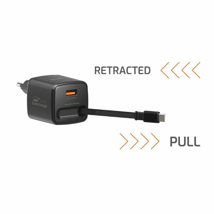 Swissten GaN 30 W v elegantni črni izvedbi z napredno GaN tehnologijo, kompaktnim ohišjem in integriranim navijalnim USB‑C kablom združuje visoko učinkovitost, praktičnost ter manjšo potrebo po dodatnih kablih med vsakodnevno uporabo.