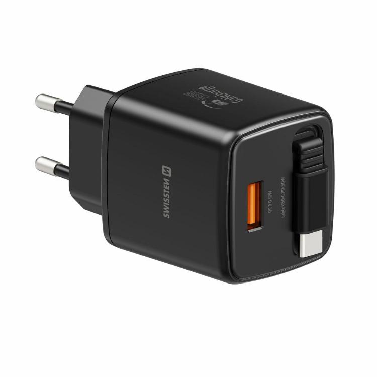 Hitri stenski polnilnik Swissten GaN 30 W z vgrajenim izvlečnim USB‑C kablom dolžine 0,75 m, USB‑A izhodom Quick Charge 3.0 (18 W) in podporo Power Delivery omogoča priročno ter učinkovito polnjenje pametnih telefonov, tablic in drugih združljivih naprav.