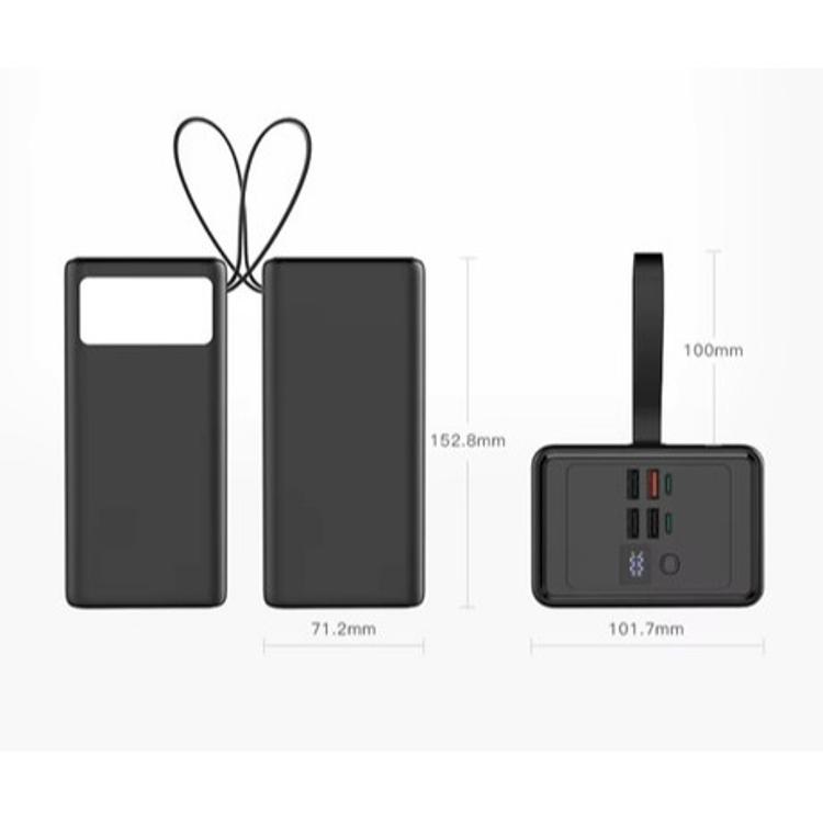 Polnilna baterija Platinet PMPB802, 20W, 80.000mAh, prikaz dimenzij ohišja, ročaja za prenašanje ter razporeditve priključkov.