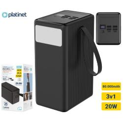 Polnilna baterija Platinet PMPB802, 20W, 80.000mAh, izdelek z embalažo in poudarjenimi glavnimi specifikacijami.
