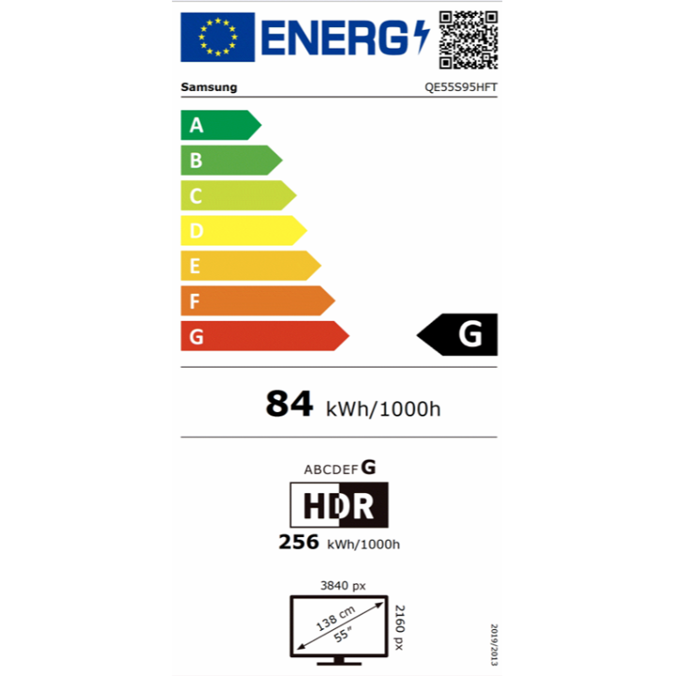 Energijska nalepka Samsung OLED TV QE55S95HFT z razredom učinkovitosti G, poraba 84 kWh/1000 h, HDR 256 kWh/1000 h in diagonala 55 palcev.