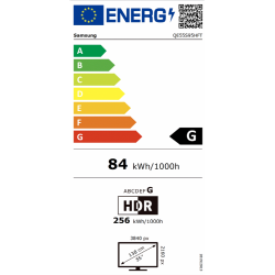 Energijska nalepka Samsung OLED TV QE55S95HFT z razredom učinkovitosti G, poraba 84 kWh/1000 h, HDR 256 kWh/1000 h in diagonala 55 palcev.