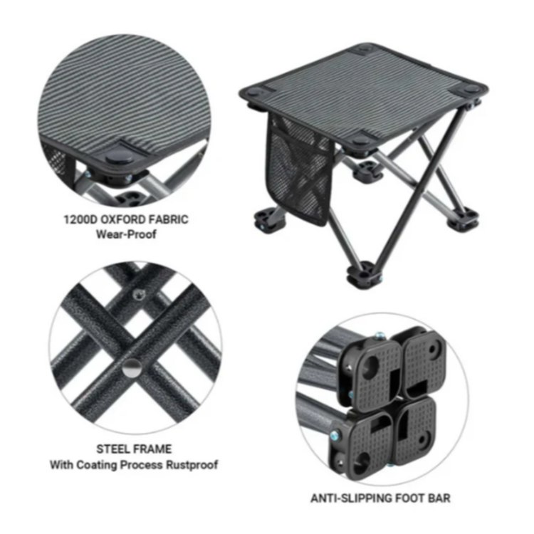Detajli zložljive kamping mizice, oxford tkanina, jeklen okvir in nedrseče noge.