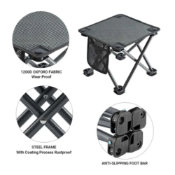 Detajli zložljive kamping mizice, oxford tkanina, jeklen okvir in nedrseče noge.