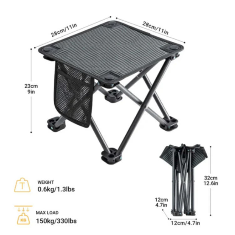Dimenzije in nosilnost zložljive kamping mizice, lahka konstrukcija z nosilnostjo do 150 kg.