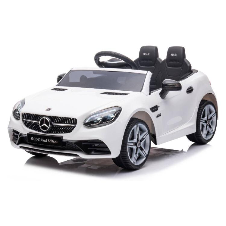 Otroški električni avto Mercedes bel, sprednji levi pogled z odprto kabino in dvema sedežema